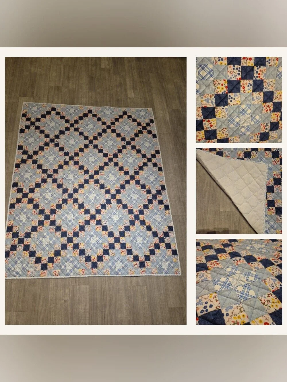 New Handmade Patchwork Floral Throw Quilt Blue Cottagecore 56.5” x 70”